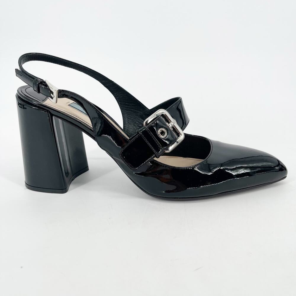 Prada Black Patent Leather Pointed Toe Mary Jane Strap Slingback Heel IT 40 - Picture 2 of 13